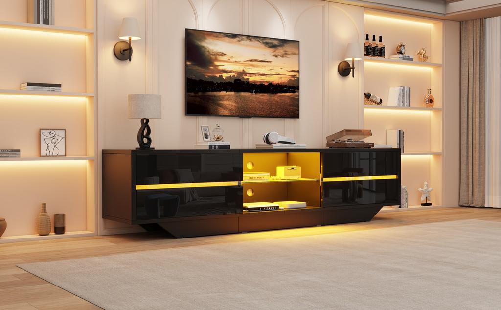 160*35*44.5cm Έπιπλο TV δαπέδου, χαμηλό έπιπλο, 2 πόρτες, γυαλιστερό, φώτα LED, βάση TV, κατάλληλο για τηλεοράσεις 65 ιντσών, μαύρο