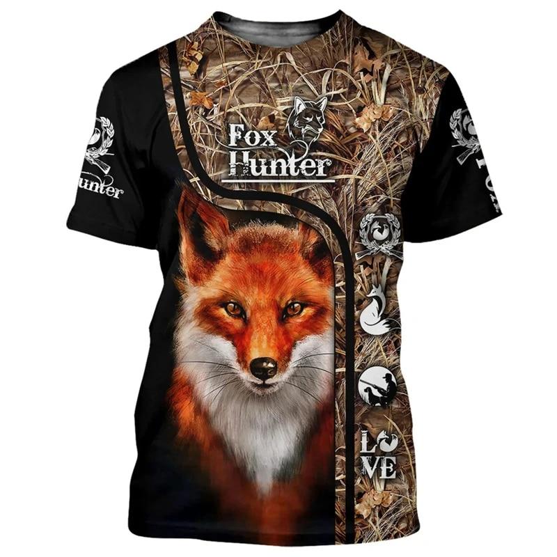 Herren T-Shirt mit 3D-Druck und Fuchs-Muster, Sommer, O-Ausschnitt, kurzärmelig, T-Shirts für Männer, lässig, übergroß, Jäger, Herrenbekleidung, Tops 4XL