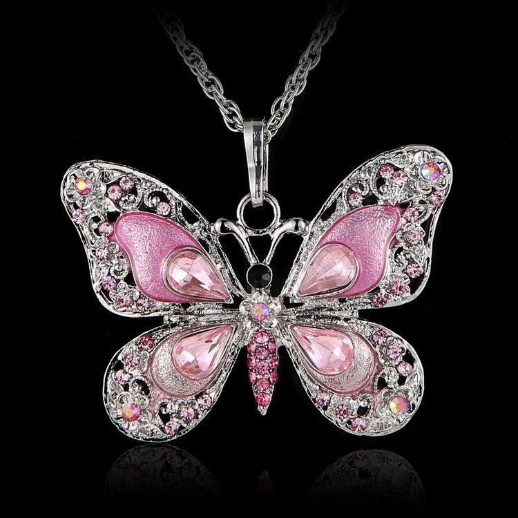 Vintage Enamel Butterfly Pendant Necklace Crystal Rhinestone Colorful Jewelry for Women