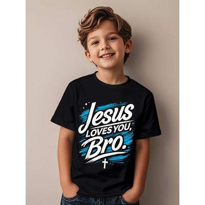 Taglie Europee Gesù Ti Ama Fratello Ragazzi T-Shirt Cristiana - Maglietta per Bambini Religiosa con Messaggio, Manica Corta Casual per Chiesa, Domenica,