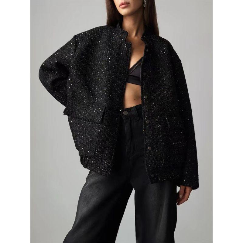 

Мода Новое поступление Мода Золото Шелк Блестки Топы Воротник-стойка Свободная куртка Пальто Блестки Свободная куртка Black S