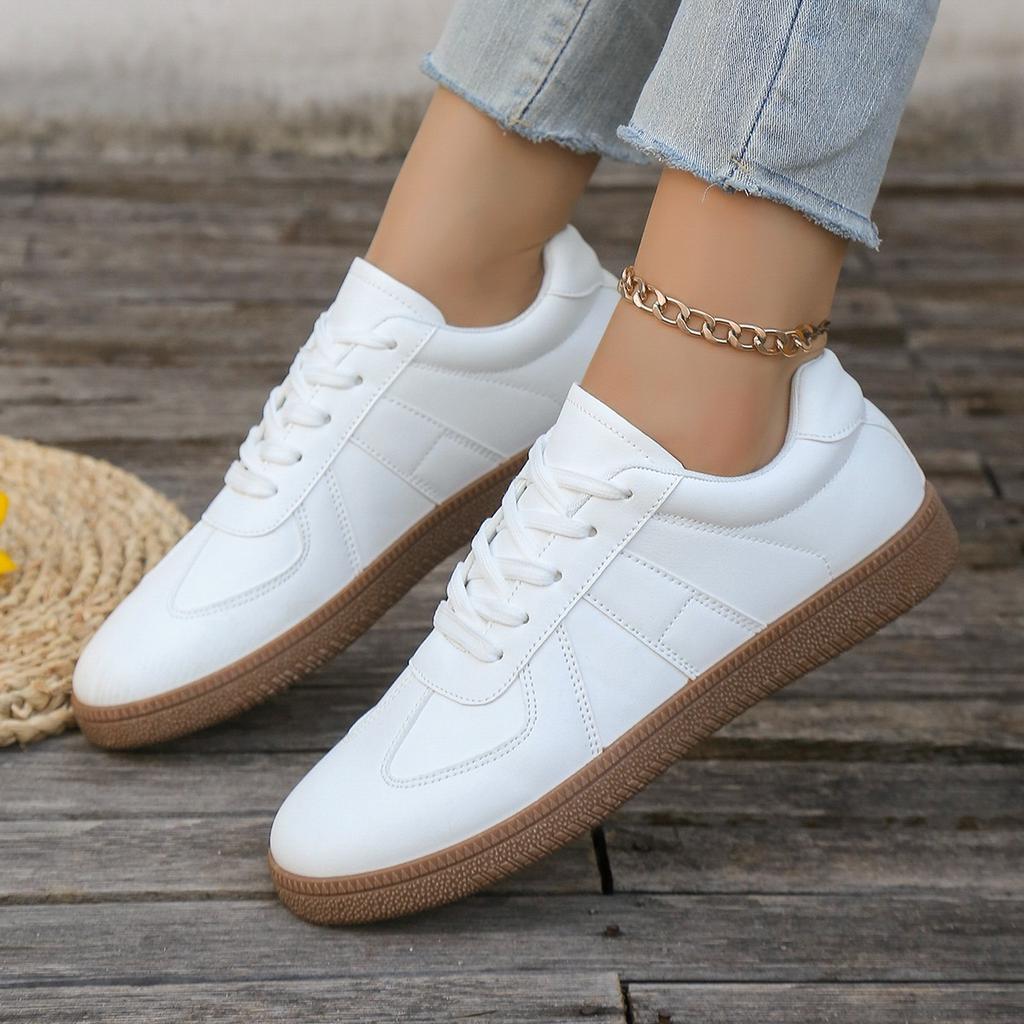 Ladies' Casual White Sports Shoes - Lace Up, Low Cut, Breathable Fabric, Comfortable All Year Round