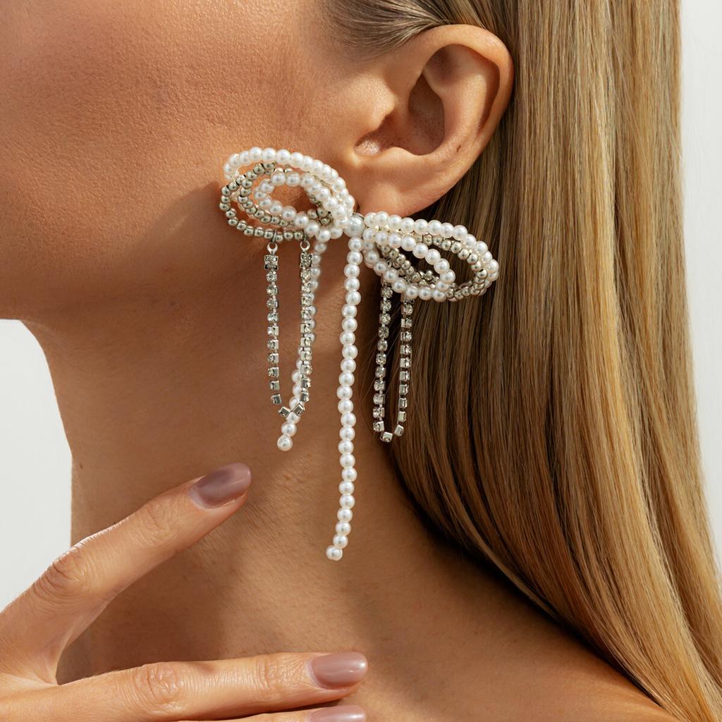 SHIXIN Exquisite Imitation Pearl Bowknot Stud Earrings for Women Elegant Luxury Geometric Big Earrings Wedding Bridal Jewelry