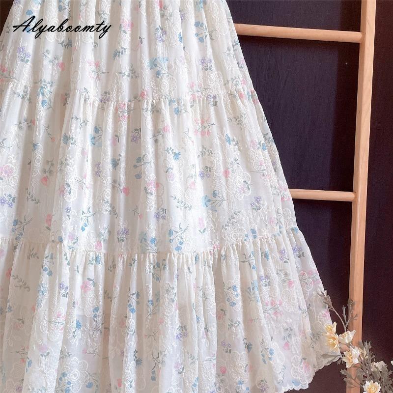 Prairie Chic Spring Summer Women Maxi Long Skirt Elastic Waist Floral Embroidery Ruffles Skirt Sweet Elegant Tierred Skirt