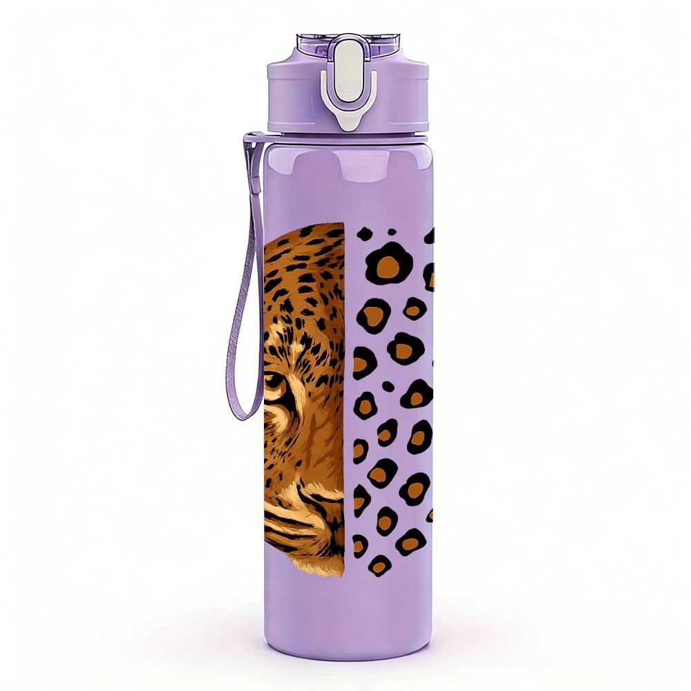 1PC Half Leopard Half Tiger Face 750ml Color Plastic Sports Water Bottle Leakproof Flip Straw Lid Suitable for Sports Office Home Use