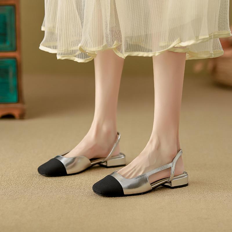 2025 spring new French style not tired feet single shoes small fragrant style color matching bag head sandals women's silver shoes women's versatile