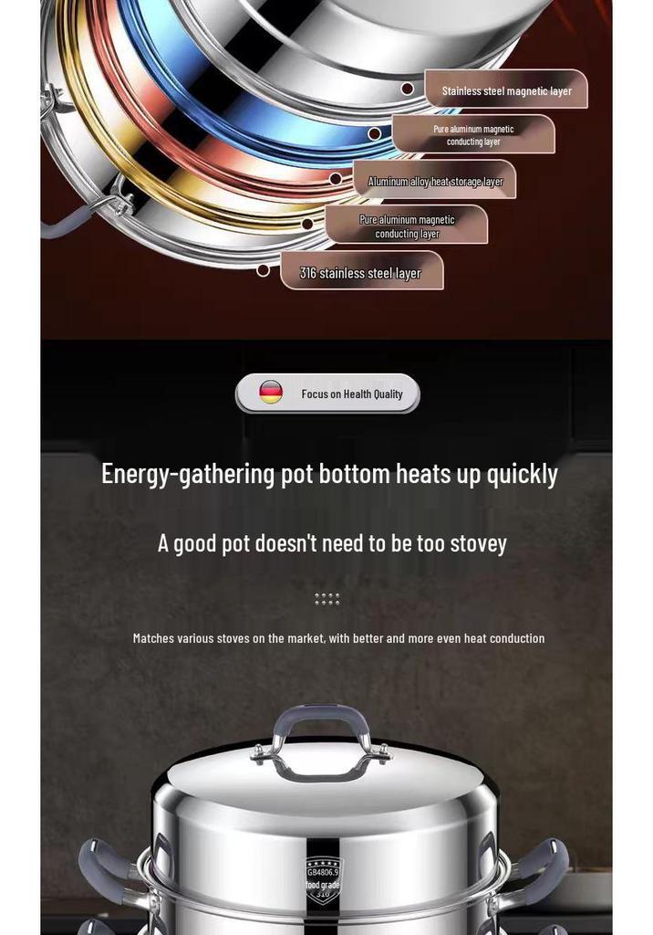 316 Stainless Steel Steamer Pot with Silicone Handle - Large Capacity Multi-layer Stew Basket