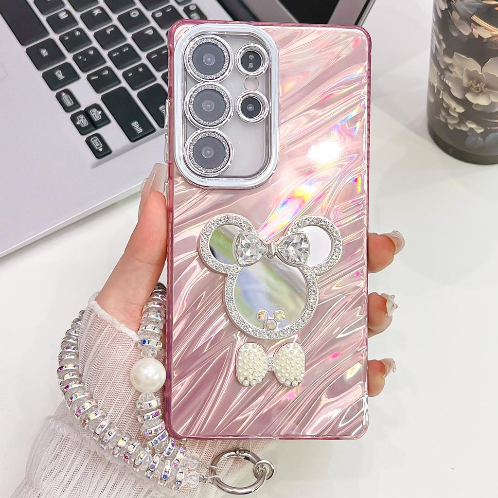 Advanced Wrinkles Suitable for Samsung S25ultra Bracelet Mobile Phone Case S24 Cartoon Mirror A56 Flash Powder Lens Film
