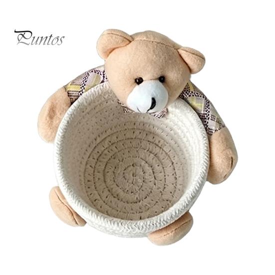 Gentle Color Storage Basket Desktop Basket, Cartoon Plush Bear And Rabbit Rope Decorative Plaid Bow Organizer Shape, Woven for Small Items Jewelry
