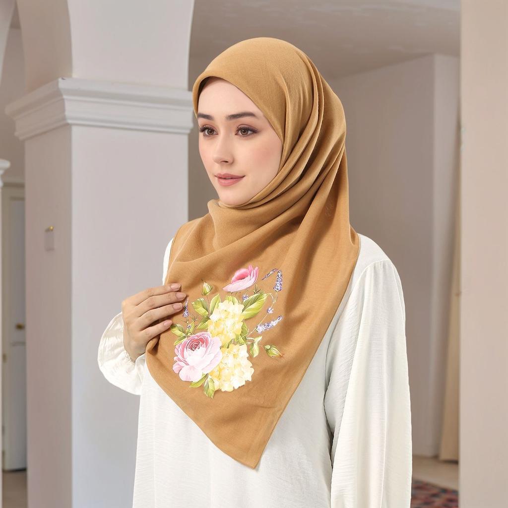 Muslim Ramadan Instant Square Scarf Flower printed Cotton Linen Handkerchief Headwraps Caps Ladies Islam Hijab 110*110cm