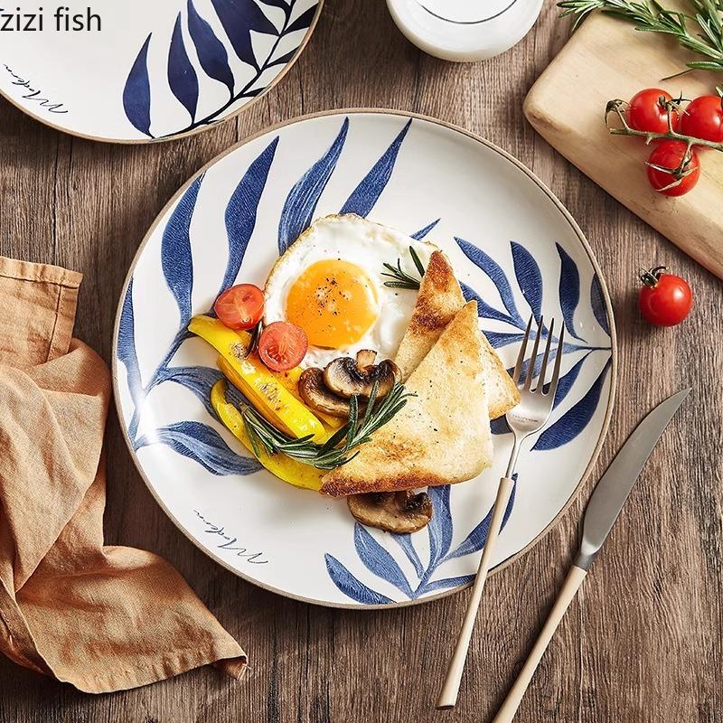 Blue Leaf Ceramic Shallow Plate Creative Steak Plate Dessert Plate Salad Plates Sushi Snack Plates Hotel Featured Tableware