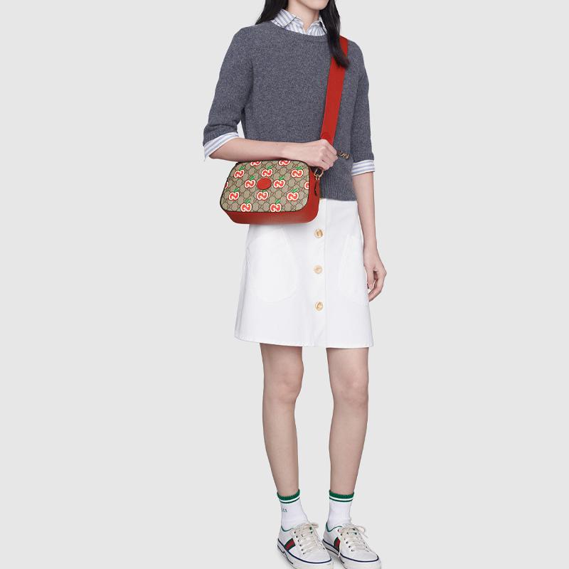 Gucci Vintage Logo Apple Pattern Leather Canvas Camera Bag Women Shoulder Bag Red Brown 574886-2EVDG-8646