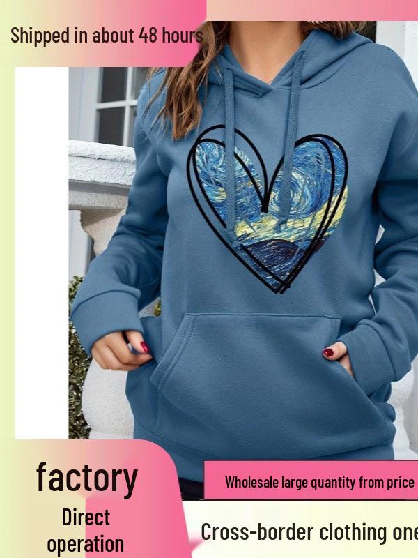 Women's Heart Print Hooded Sweatshirt with Pockets - Comfortable Long Sleeve Casual Wear