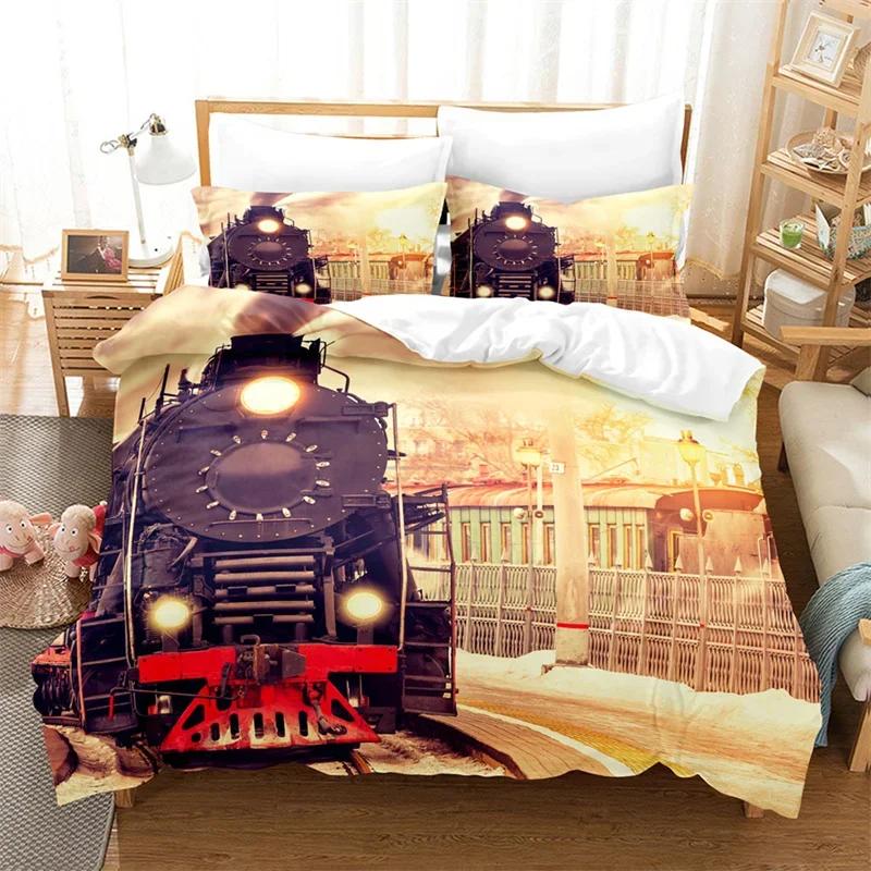 Funda Nórdica Tamaño Completo Trenes para Niños Juego de Cama de Locomotora de Vapor Microfibra 3D Vehículos Ferroviarios Cubierta de Edredón para Decoración de Habitación de Niños Adolescentes