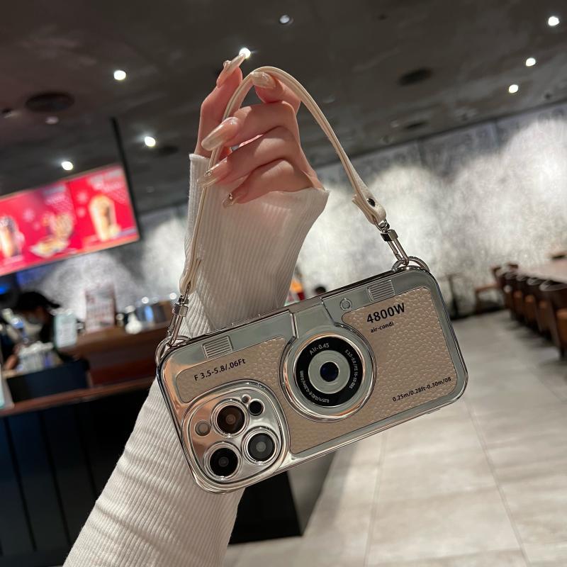 Luxury Lanyard Camera Charm Phone Case For iPhone 15 14 13 Pro Max Shockproof Cover For iPhone 15 Plus leather Case Accessories