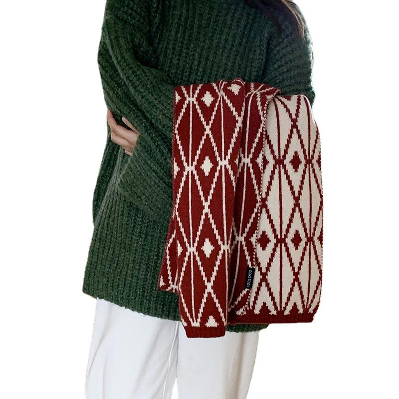 Korean version of Japanese checkered knitted wool scarf versatile warm long dual-purpose shawl simple and fashionable student scarf