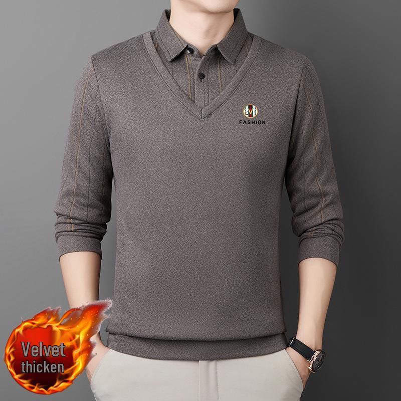 

2025 Мужская зимняя утепленная футболка с начесом, толстая, из искусственной двухслойной ткани, повседневная, теплая, базовая XL кофейный