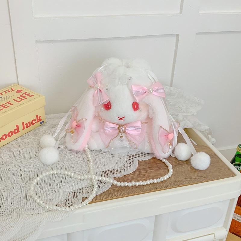 Lolita Plüsch Hasen Tasche mit Schleife, Perlenkette und Herz Design - Süße Girly Umhängetasche