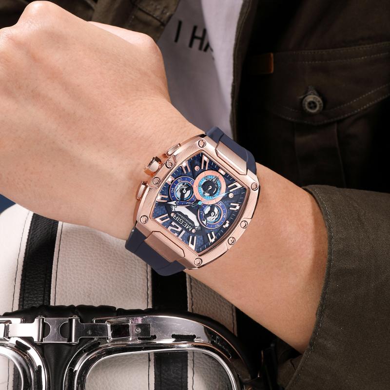 MEGIR Tonneau Fashion Men's Quartz Watches Brand Waterproof Chronograph Sports Wristwatch Silicone Strap Auto Date