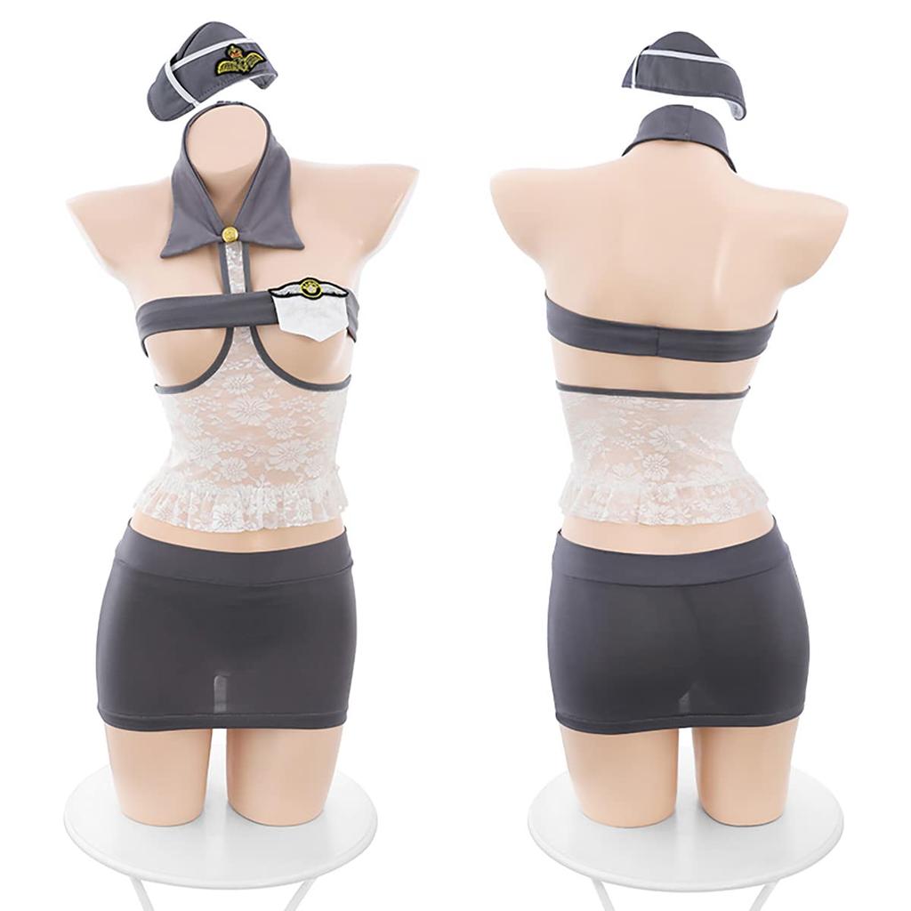 6 Piece Set Cosplay Costume Set Stewardess AV Actress Popular Item Lace Patchwork Openwork No Chest Lingerie Costume Outfit Ladies Adult Fancy Dress