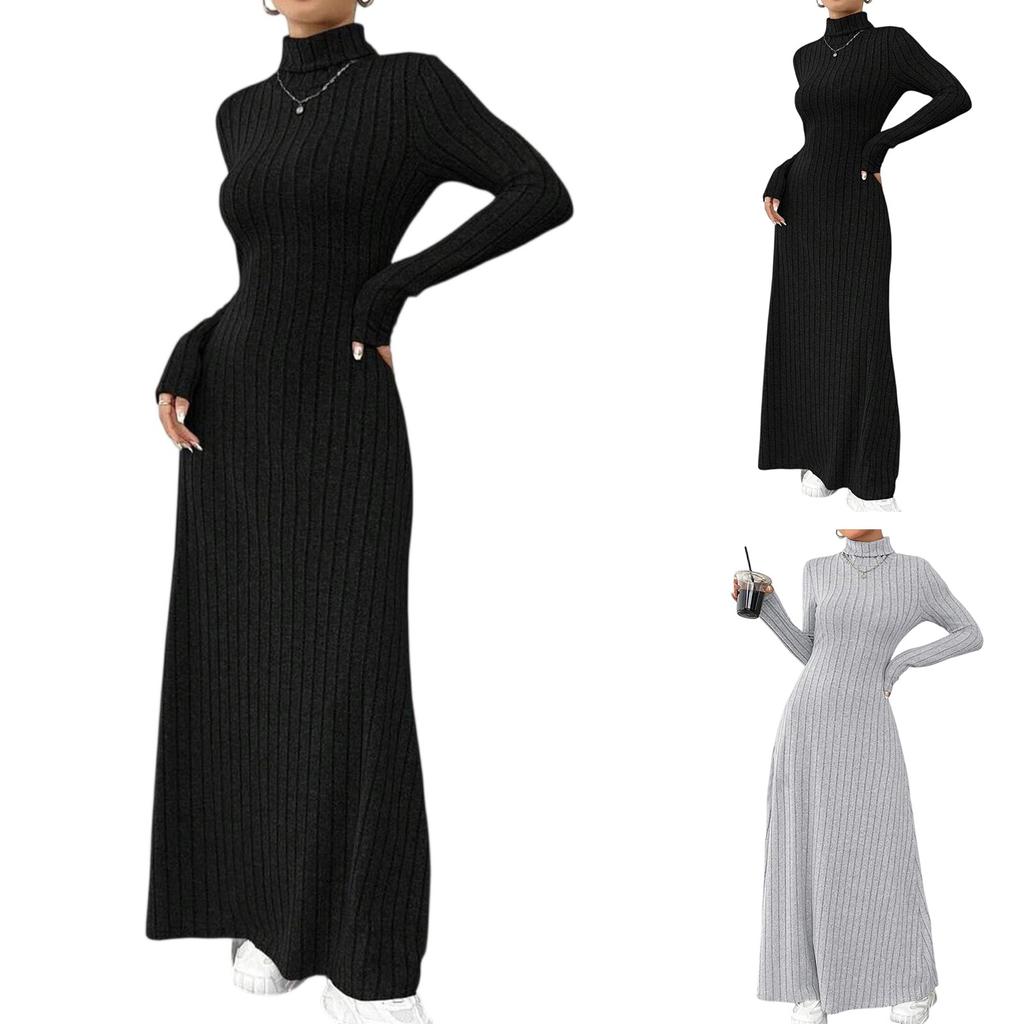 Ladies' Temperament Slim Fit High Neck Fashionable Solid Color Long Sleeved Dress