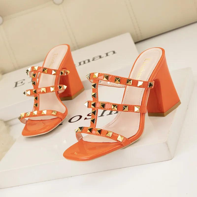 Women Summer Fashion Rivets PU Leather High Heel Sandals Lady Square Heel  Fish Mouth Slippers Woman Casual Sandal Slip-on Shoes