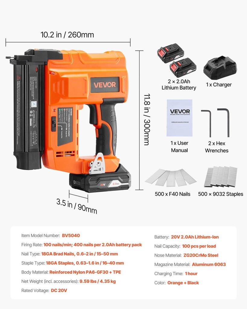 2-in-1 Cordless Brad Nailer, 18 Gauge, 20V Battery Powered Nail Gun and Staple Gun, with 500 pcs Nails, 500 pcs Staples, 2 x 2.0 Ah Li-ion Batteries,