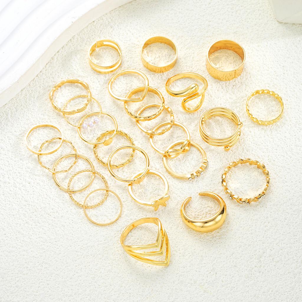 New 25Pcs/Set Vintage Gold Color Butterfly Ring Set Hollow Heart Imitation Pearl Zircon Rings Fashion Finger Jewelry Accessories