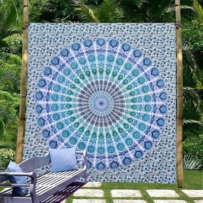 Psychedelic Peacock Mandala Wall Hanging Floral Gold Bedding Tapestry Queen Size Bedsheet