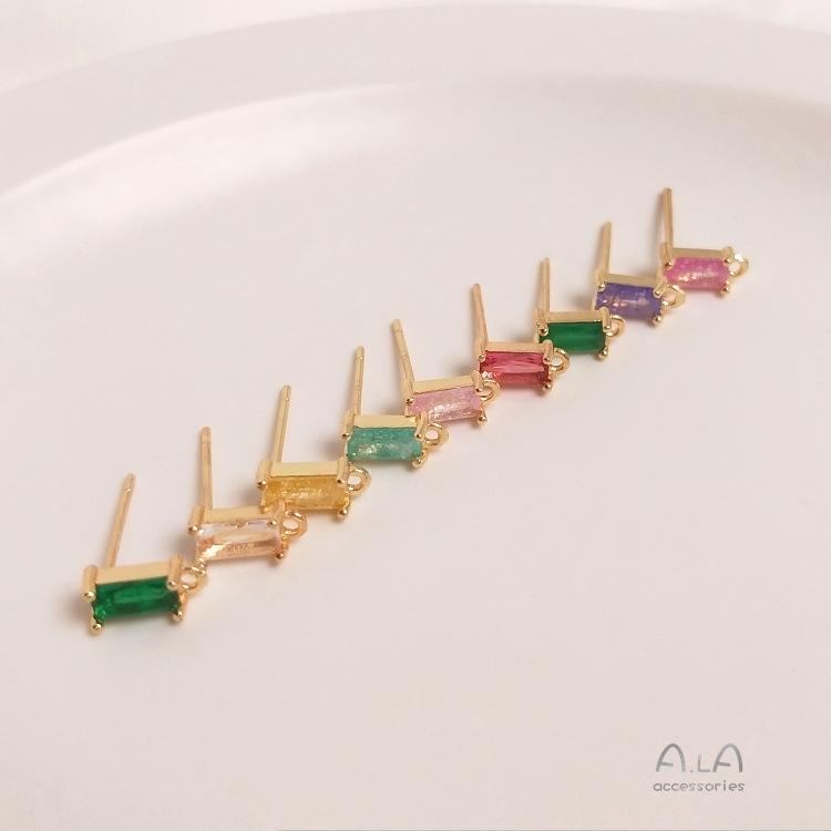 14K Gold-Plated Silver Studs with Rectangular Zircon and Colorful Hanging Ear Pins for DIY Accessories