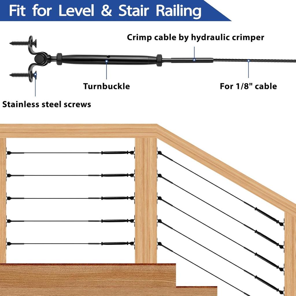 Black Cable Railing Kit, T316 Stainless Steel 1/8” Swage Toggle Turnbuckle Hardware for Wood Posts, Stair Deck Cable Railing System,