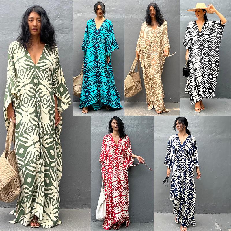 2025 European & American Cotton Print Beach Dress: Women's Loose Long Robe Cover-up with Sun Protection