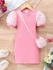 Kids' Lightweight Bubble Dress: Short Sleeve, Round Neck, Solid Color with Bubble Pockets