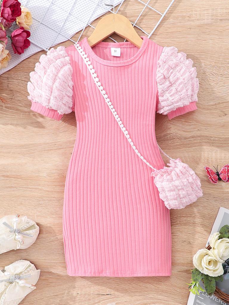 Kids' Lightweight Bubble Dress: Short Sleeve, Round Neck, Solid Color with Bubble Pockets