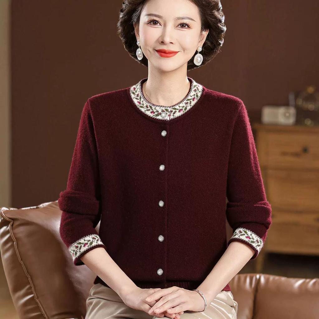 Autumn Winter Women's Round Neck Embroidered Cardigan Sweater Thickened Loose Knit Cardigan