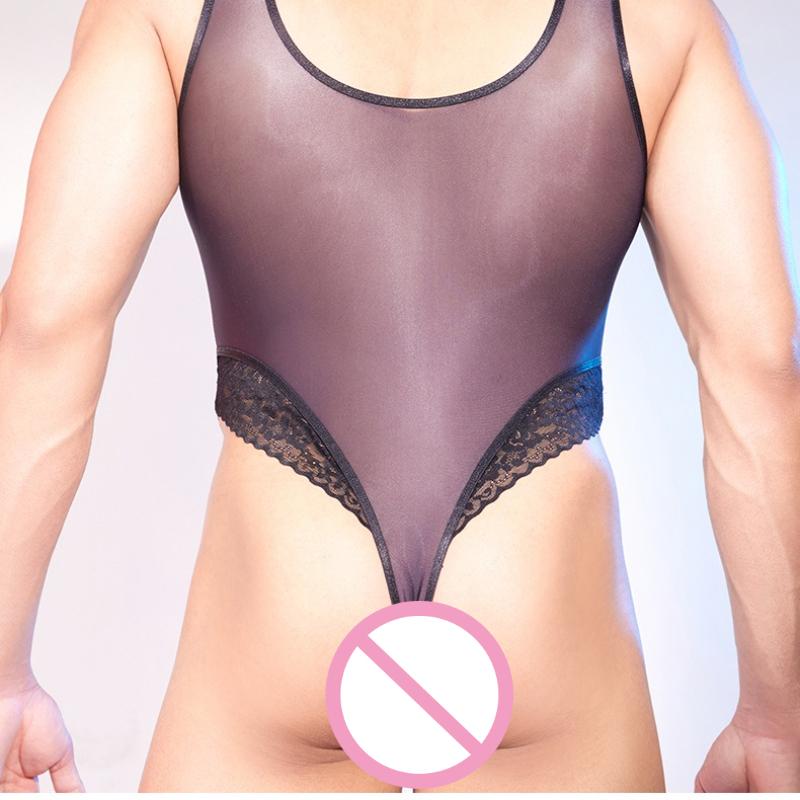 Men'S Sexy Bodysuit Oil Shiny Glossy Sheer Swimwear Thin Silky Smooth Lace Sissy Lingerie Night Club Wear Jumpsuit Gay Wear