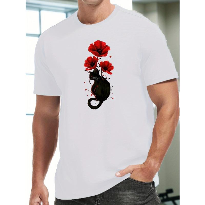 

Европейские размеры Мужская повседневная спортивная футболка с принтом кошки и мака, Круглый вырез, Эластичная трикотажная ткань, Обычная посадка, для пляжа, выходных S белый