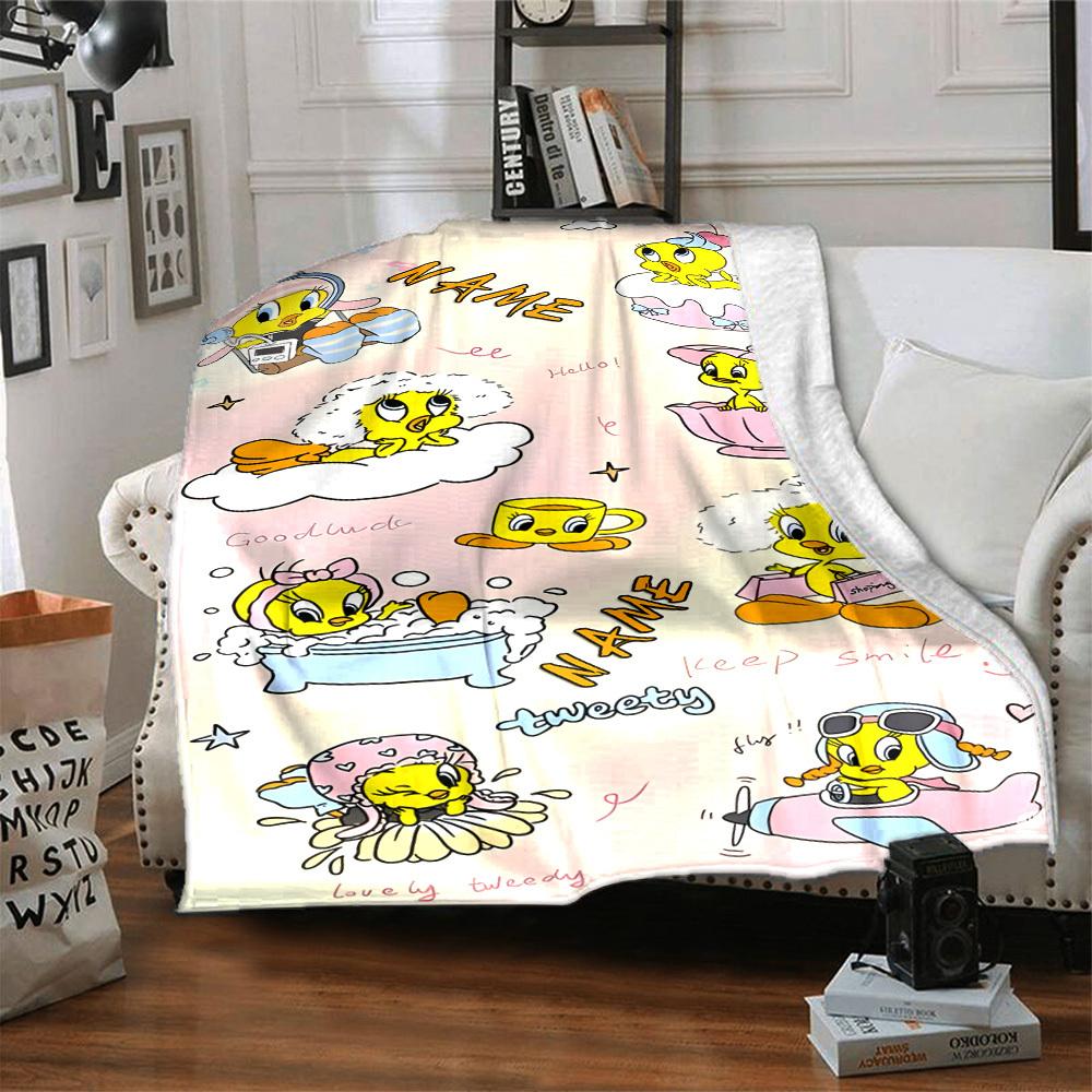 Tweety Bird In Various Cute Activities Gift Customizable Blanket Customize Text Warmthful Decor Versatile For Sofa Couch Office Bed Picnics Four