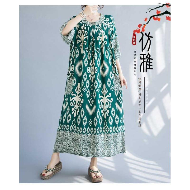 Summer New Temperament V-neck Mid-length Dress Retro Printing Loose Dresses