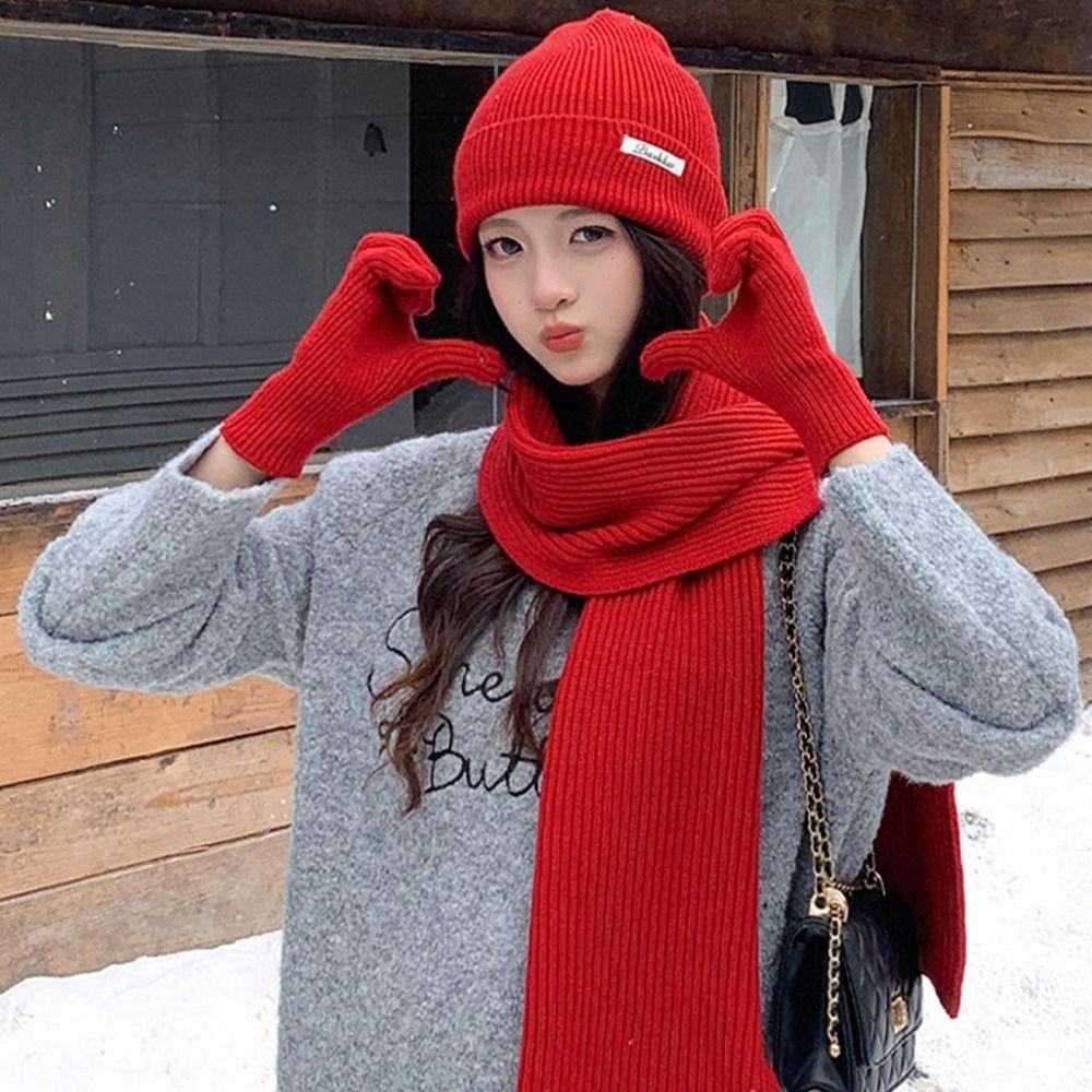 Einfarbige Thermostrickmütze Woll-Wintermütze Mützen-Schal-Handschuh-Set Damen/Herren
