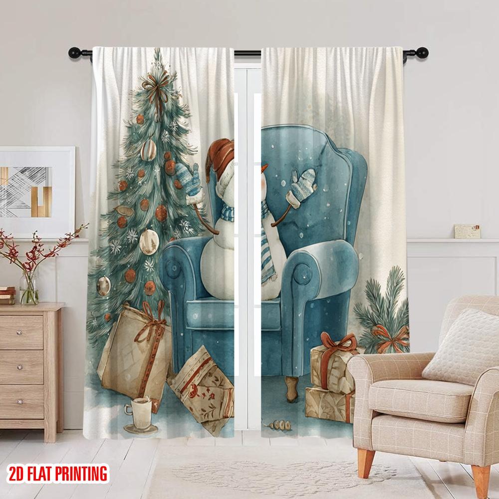 2pcs,2D Plane Printing Curtain Popular Snowman & Snowflake Polyester Woven (without Rod) Decorations Outdoor for Various Rooms,