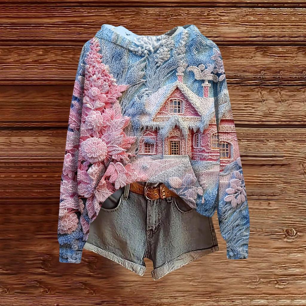 Ladies' Fashionable Printing Casual Hooded Long Sleeved Sweatshirt