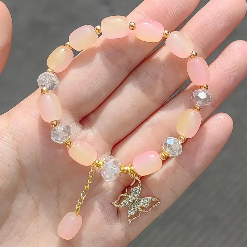 New Sweet Butterfly Beaded Bracelet for Women Girls Pink Color Imitation Jade Bohemian Crystal Hand Jewelry Birthday Party Gifts