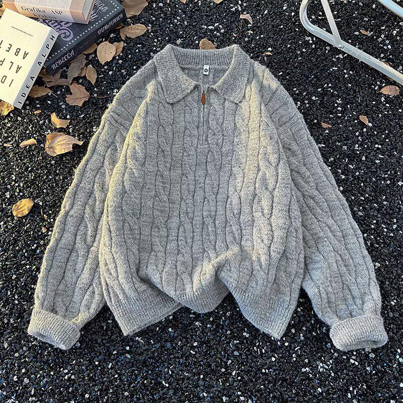 Japanese Literary Style Versatile Half-Zip Cable Knit Men s Sweater: Fashionable, Simple, and Trendy. Triple Extra Large