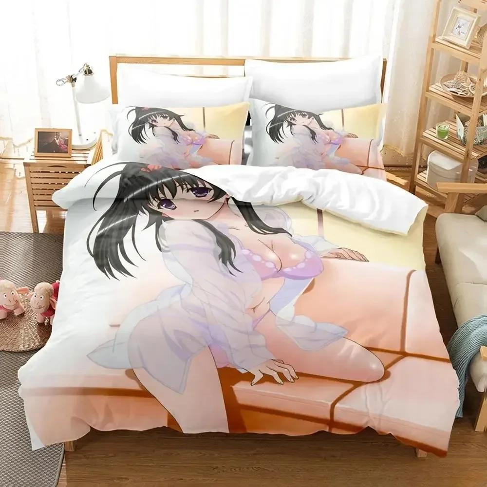 3D Anime Kawai Young Girls Kanokon Beding Set Printed Bed Linen Set With Pilowcase Soft Duvet Cover Soft Single Double Quen Super King-Sized Dimension