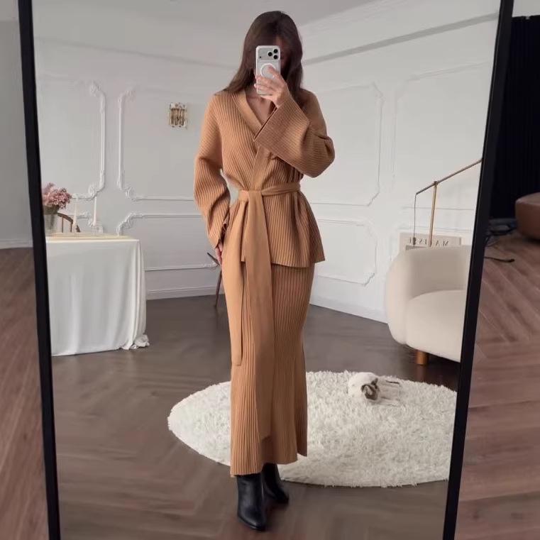 Elegant Knit Lace-up Sweater & Long Skirt Set - 2026 Autumn Collection for Women