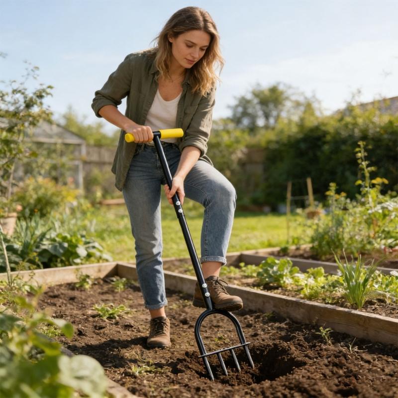 4-Zinken Gartenschaufel aus Karbonstahl zum Auflockern und Belüften des Bodens mit ergonomischem Griff