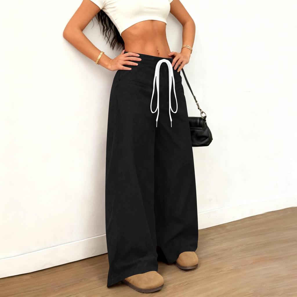 Womens Suede Wide Leg Pants Elastic Waist Loose Fit Trousers Drawstring Waistband with Pockets Casual Style Long Pants