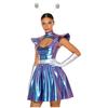 Womens Alien Astronaut Cosplay Dress with Gloves and Hair Loop Set Cutout Neck Metallic Shiny Dress for Halloween Spaced Themed Party