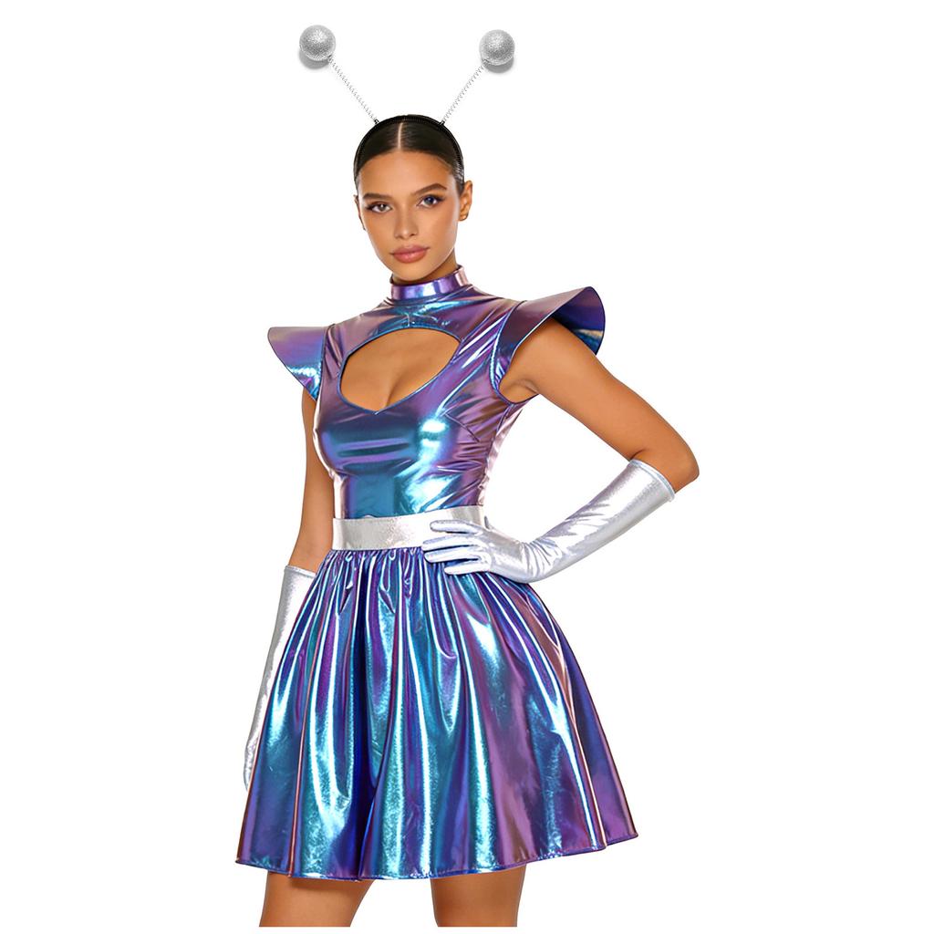 Womens Alien Astronaut Cosplay Dress with Gloves and Hair Loop Set Cutout Neck Metallic Shiny Dress for Halloween Spaced Themed Party
